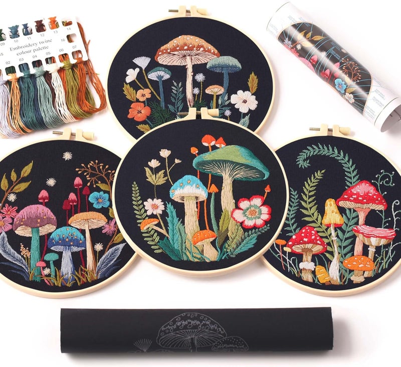 REEWISLY 4pcs of Embroidery Starter kit with Patterns and Instructions, DIY Adult Beginner Cross Stitch Kits, Including 2 Plastic Embroidery Rings, 1 Pair of Scissors, Colored Threads and Needles - Image 1